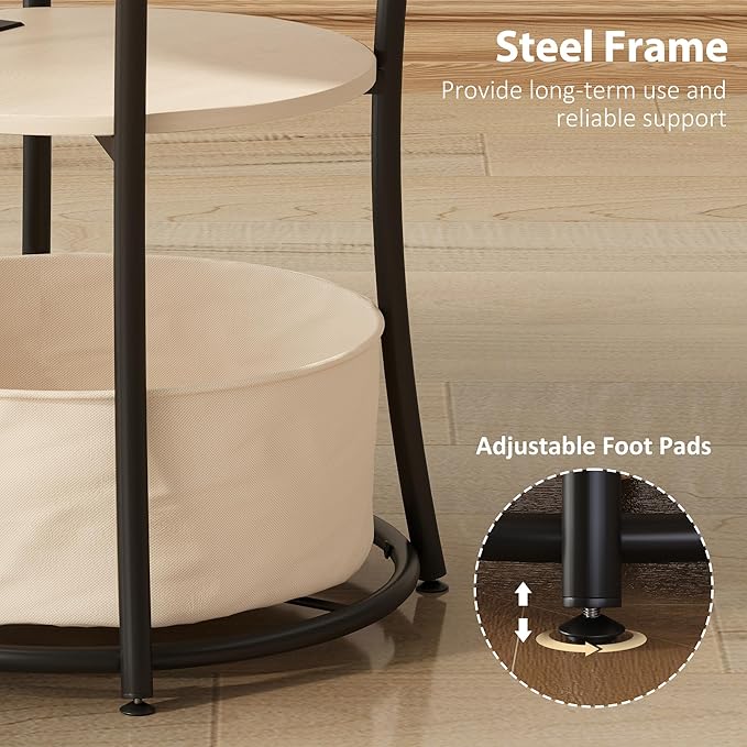 HOMCOM Round Side Table with Charging Station, 3-Tier End Table with Fabric Storage Bag, Shelf and Steel Frame for Living Room, Natural Wood