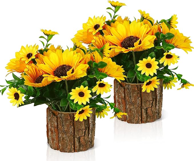 Artificial Flowers Fake Silk Sunflower Flower in Planters Flower Vase Small Rustic Potted Flower Arrangements Artificial for Home Outdoors Tabletop Decor Set of 2 (Yellow)