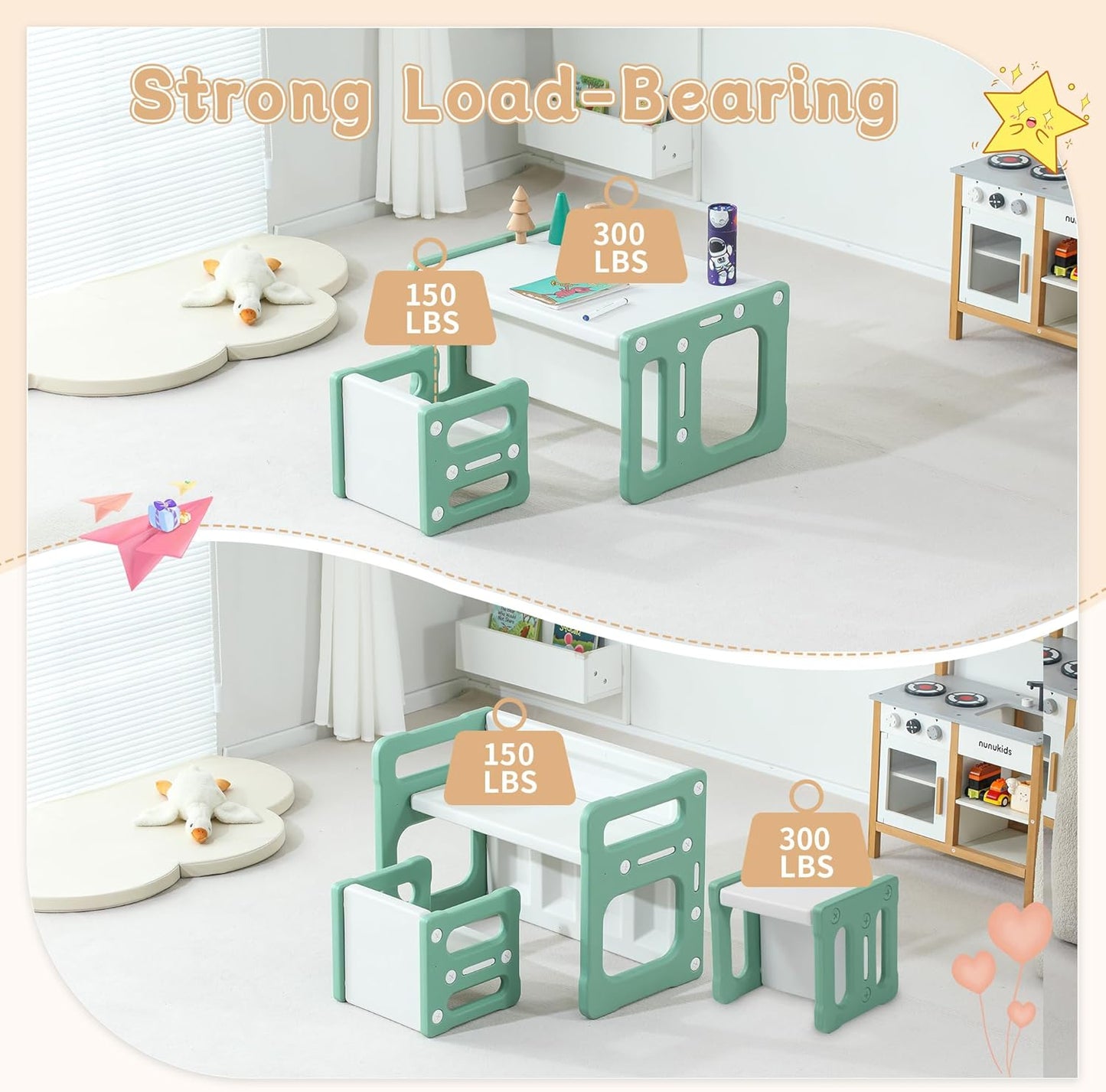 3 in 1 Montessori Weaning Table and 2 Chairs Set, Kids Activity Table Set, 2 Height Levels, Toddlers Activity Table for Drawing, Dining, Reading and Playing, Green