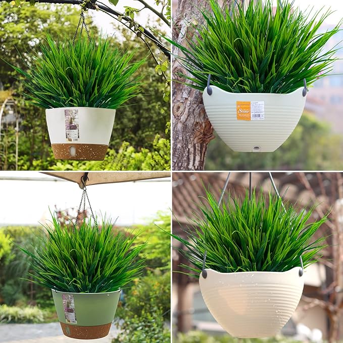 Lnoicy 10pcs Artificial Outdoor Plants, Fake Wheat Grass Greenery Shrubs UV Resistant Faux Plastic Plants Garden Porch Window Box Décor (Grass)