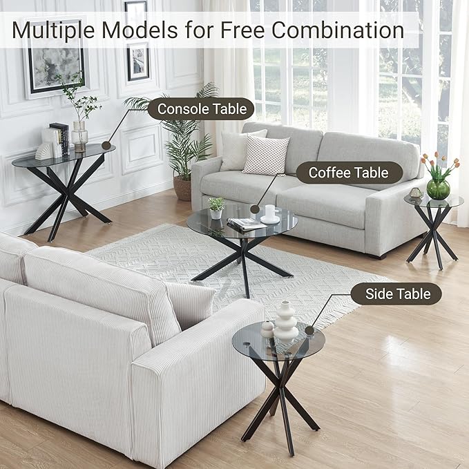 Black & Round Glass Coffee Tables for Living Room, Home Office, Modern & Simple Center Table with Gray Tempered Glass Top, 35.5" Wx19.7 H