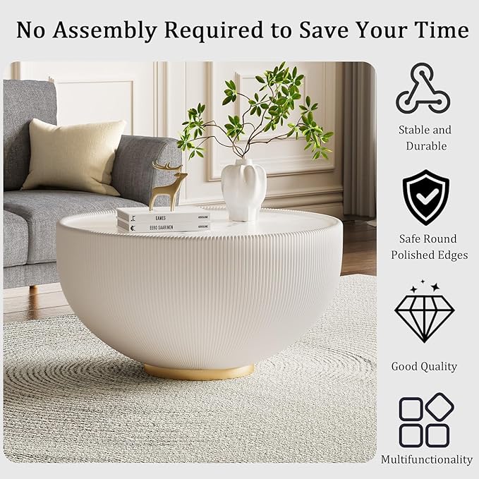27.55" White Round Coffee Table, Drum Coffee Table with Sintered Stone Tabletop and Fluted PU Leather Covered and Metal Base, Circle Cocktail Tea Table for Living Room