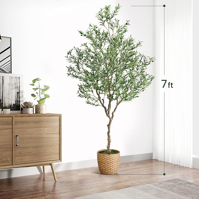 7ft Artificial Olive Tree Potted, Faux Indoor Plants with Natural Wood Trunk & Lifelike Fruits, Realistic Tall Fake Tree for Home Office Decor, Housewarming Gifts