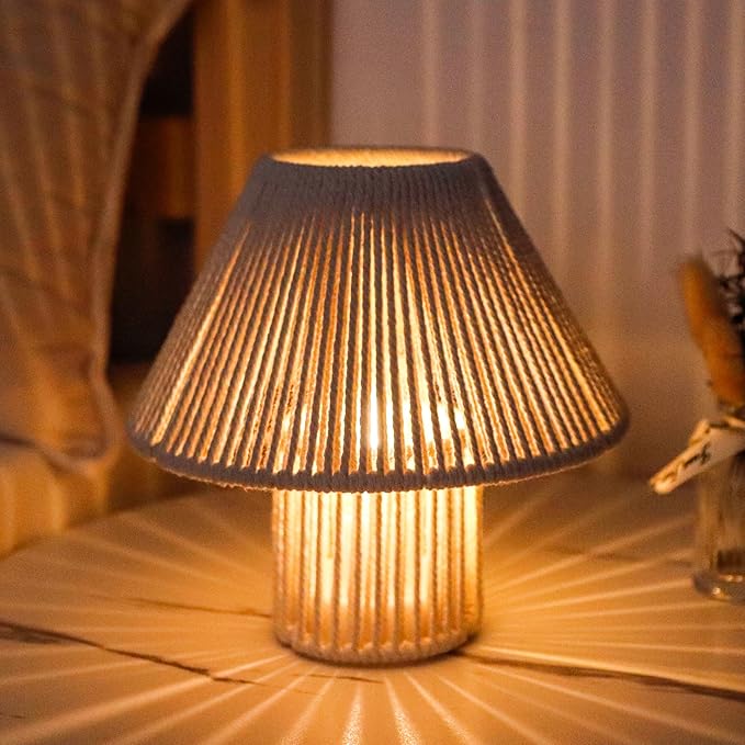TRIROCKS Woven Cotton Rope LED Cordless Table Lamp Set of 2, 7'' Tall Battery Operated Desk Lamp, Boho Bedside Lamps Great for Living Room Bedroom Weddings Parties Patio Events