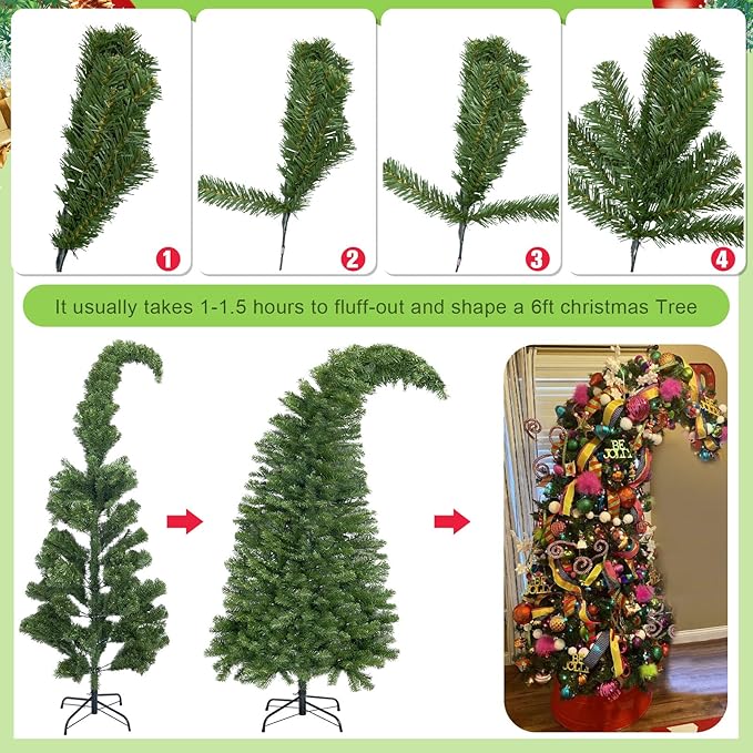 Syhood 6ft Bendable Christmas Tree Pre-Lit Whimsical Christmas Bent Top Artificial Xmas Tree with LED Lights Ornament Bag, Green