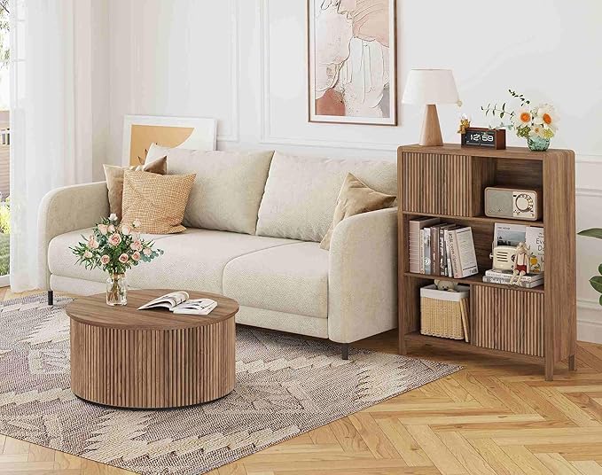 FATORRI Round Coffee Table, Fluted Woodern Center Table, Mid-Century Modern Coffee Tables for Small Space, Living Room, Bedroom (31.5 Inch, Walnut)