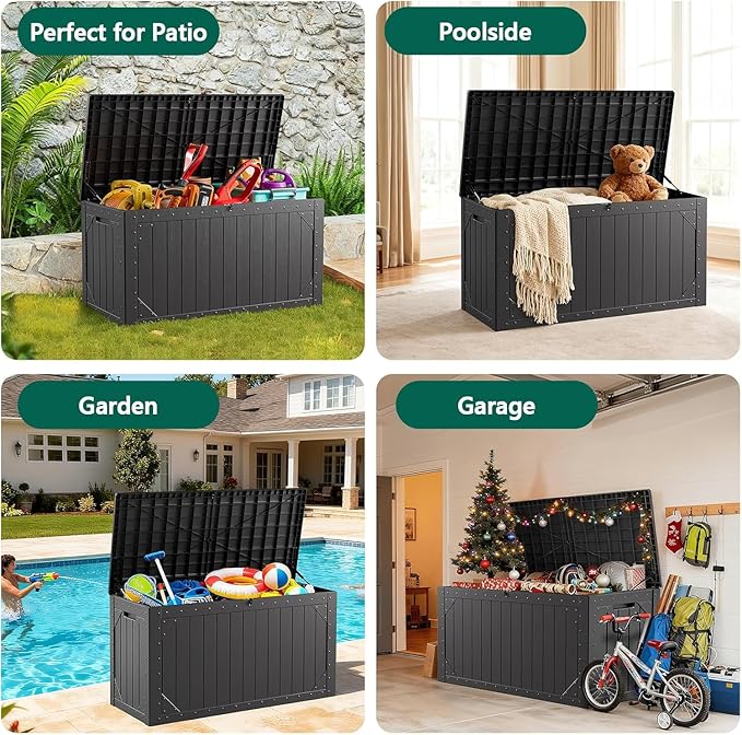 100 Gallon Outdoor Storage Box, Lockable Resin Deck Box for Patio Cushions, Throw Pillows, Garden Tools, Weatherproof Large Outdoor Storage Bench for Yard, Porch, or Balcony