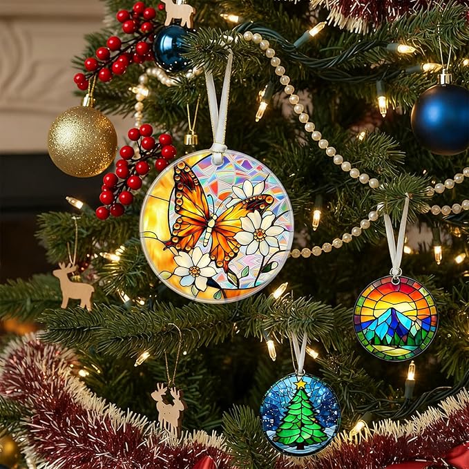 Christmas Ornaments 2025, Stained Glass Christmas Tree Decorations, Exchange for Women, Men, Collectible Dated Year Ornaments for Tree（Butterfly）