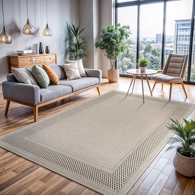 CAMILSON Easy Jute Rug 6x9, Indoor Outdoor Off-White Color Fiber Area Rugs for Entry, Living Room and Farmhouse Rug, Bordered Boho Woven Design, Easy-Cleaning, Washable Outside Carpet (6 x 9)