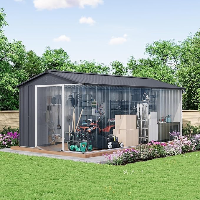 8X15 Ft Outdoor Metal Storage Shed with Roof, Weatherproof Steel Tool Shed with Lockable Door for Lawn Mower, Bike & Garden Equipment Storage