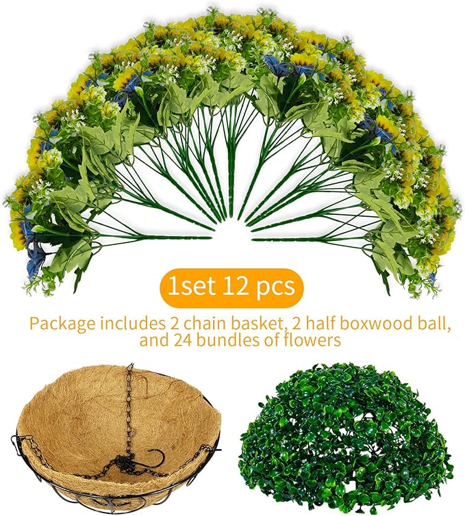 2 Pack Artificial Fake Fall Sunflower Plants Flowers for Outdoor Outside Decoration,12 Bundles Faux Silk Sunflowers UV Resistant Look Real No Fade for Front Door Porch Patio Yard Balcony Autumn Decor