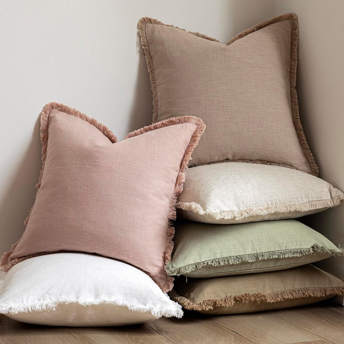 Foindtower Set of 2 Decorative Linen Fringe Throw Pillow Covers Boho Farmhouse Cushion Cover with Tassels Soft Accent Pillowcase for Couch Chair Sofa Bed Living Room Home Decor,20×20 Inch,Light Pink