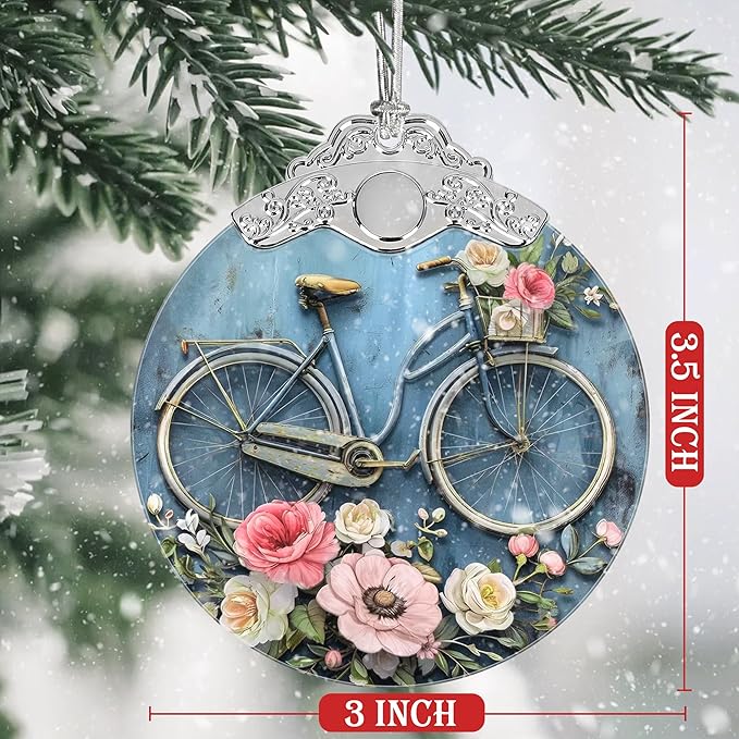 Christmas Decorations Ornaments, Stained Glass Ornament, Christmas Tree Ornaments, 2025 Gift Ornament, Xmas Gift for Friend Family Coworker - Bicycle with Flowers