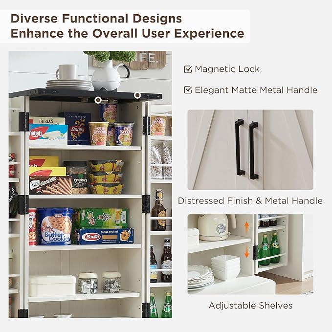 ACCOHOHO 47" Kitchen Pantry, Farmhouse Storage Cabinet with Barn Doors, Organizer and Adjustable Shelves, Rustic Wood Cupboard for Kitchen, Dining Room, Bathroom and Hallway, Off White