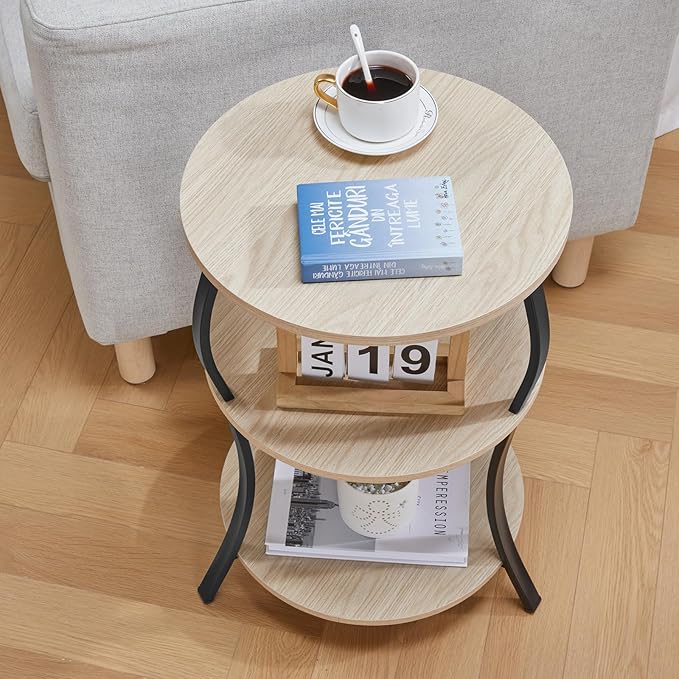 Round Side Table, 3-Tier End Table with Storage Shelf for Narrow and Small Spaces, Round Sofa Table Vintage Corner Tables for Living Room,Bedroom Nightstand/Oak