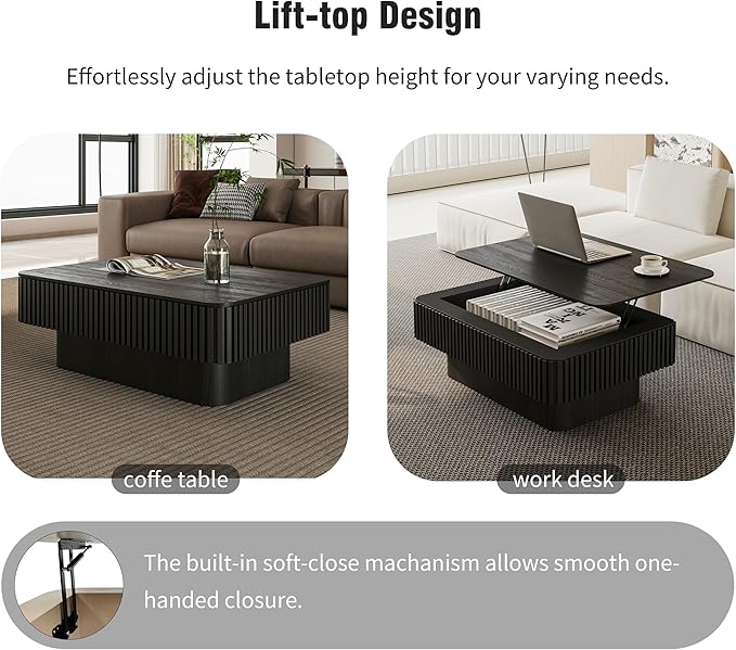 38.6" Lift Top Coffee Table, Modern Fluted Tea Table with Hidden Storage for Living Room, Apartment or Office, Black