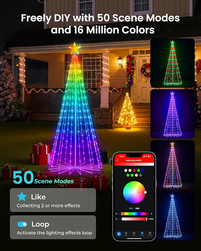 Smart Christmas Cone Tree LED Light, 6ft 265 LEDs Music Sync with Remote APP and Local Control, Pattern and Text Displayable, 16 Million Colors LED Light Show Tree for Indoor Outdoor Decorations