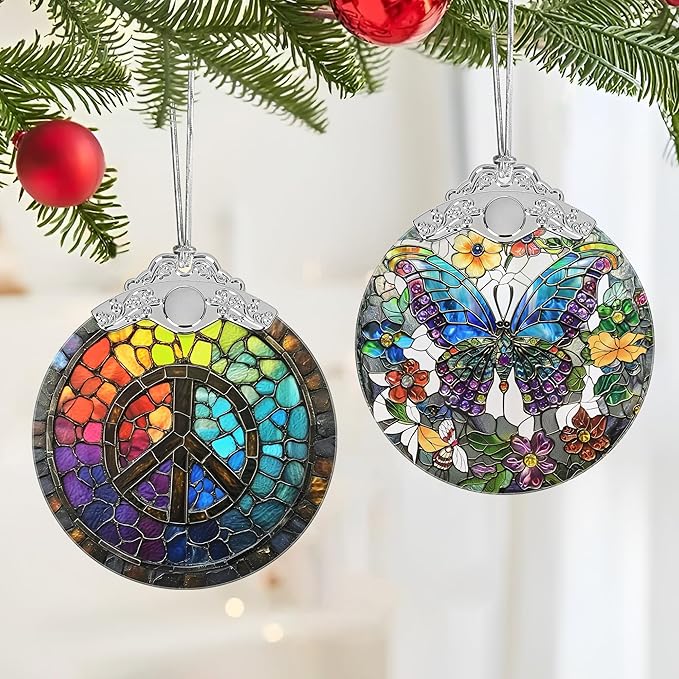Christmas Decorations Ornaments, Stained Glass Ornament, Christmas Tree Ornaments, 2025 Gift Ornament, Xmas Gift for Friend Family Coworker - Peace Sign