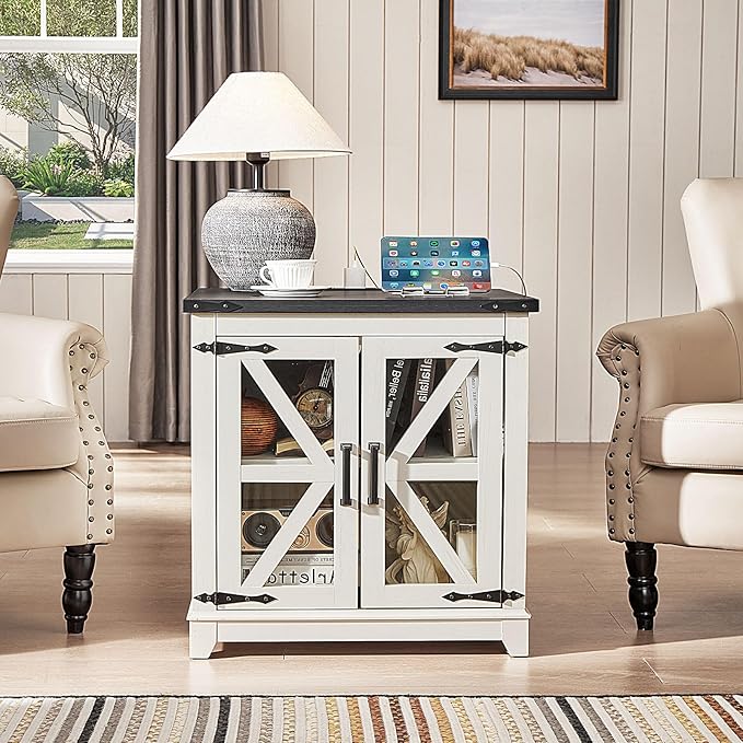 Farmhouse End Table,24" Large Sofa Side Table with Charging Station Glass Barn Door,Wood Nightstand with Adjustable Storage Shelf,Square Bedside Table for Living Room,Bedroom,Office-White