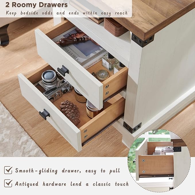 Farmhouse Nightstand Set of 2 with Charging Station, 18" Rustic Night Stand with 2 Storage Drawers, Wood End Table for Bedroom, Living Room, Antique White
