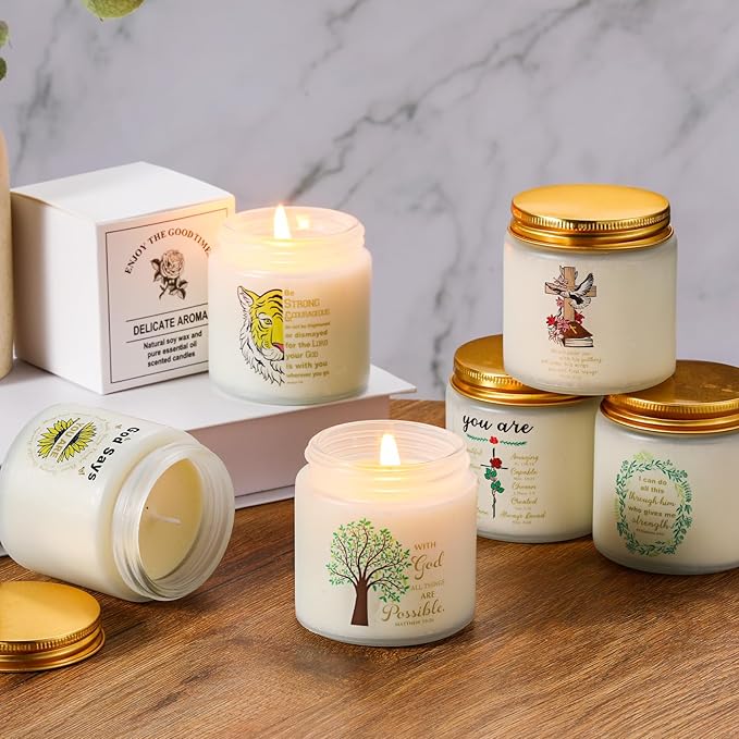 6 Pcs Christian Religious Scented Candles 3.5oz Palm Wax Jar Jesus Candle Inspirational Bible Verse Gift for Women Prayer Christmas Catholic Spiritual Faith Gift for Church Teen Girl, 6 Scents