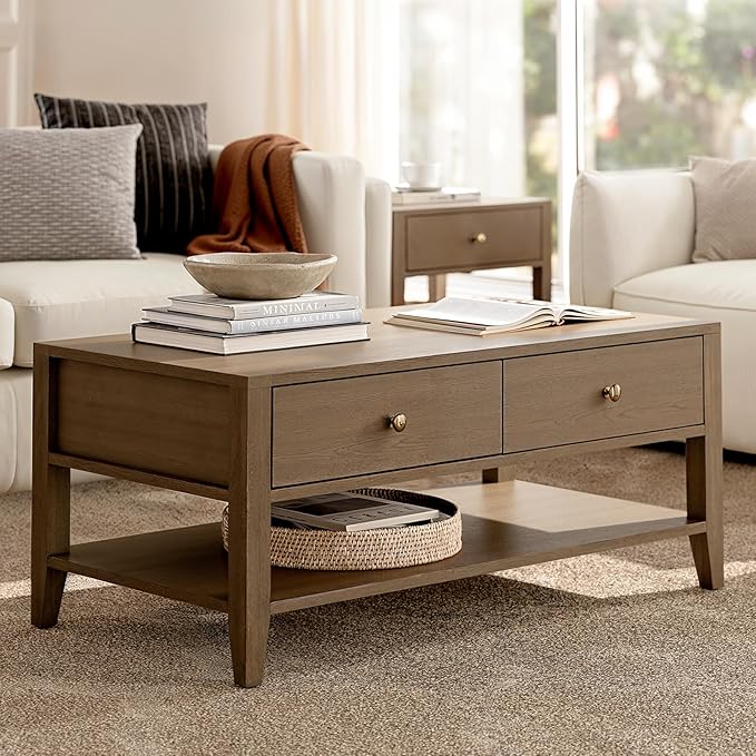 42" Farmhouse Coffee Table with Storage, Solid Wood Coffee Table for Living Room, Rectangle Coffee Table Center Table for Home Office Apartment, Easy to Assemble, Walnut