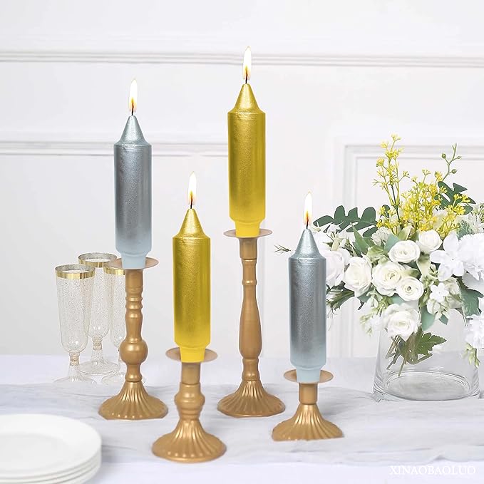 5Inch Short Taper Candles Candlesticks Handmade Set of 4 Unscented Smokeless Dripless Tapered Candle Candle Stick for Wedding Christmas Decoration(Gold)