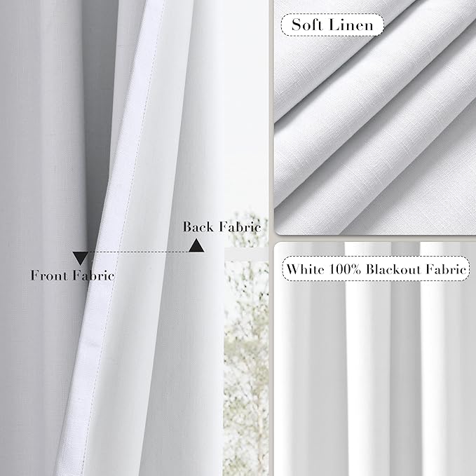 Joywell 100% Blackout Linen Curtains 102 Inch Long,Pinch Pleated Back Tab Drapes with Hooks Room Darkening Thermal Insulated Noise Reducing for Bedroom Living Room,W40 x L102,White,2 Panels