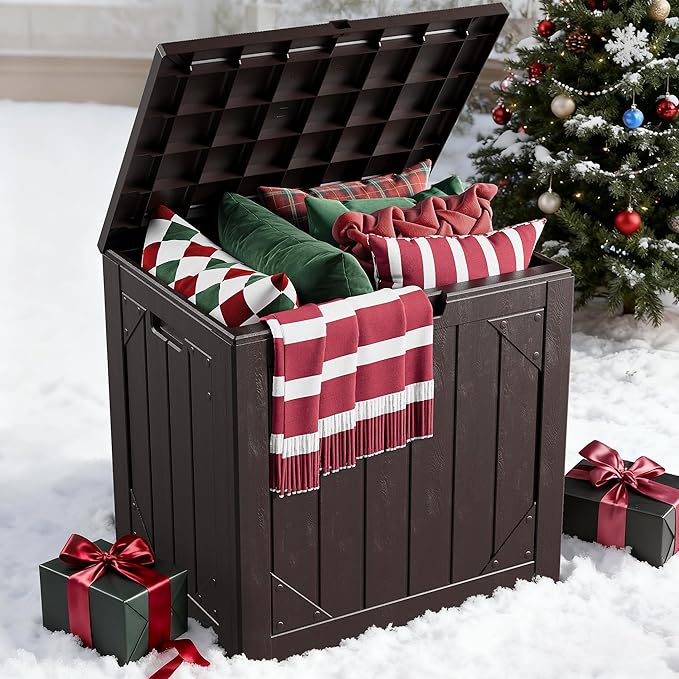 Outdoor Storage Box, 30 Gallon Deck Box Outdoor Storage Bench Outside Waterproof Resin Storage Bench, Lockable Patio Cushions, Garden Tools Storage For Furniture, UV Resistant (Brown)