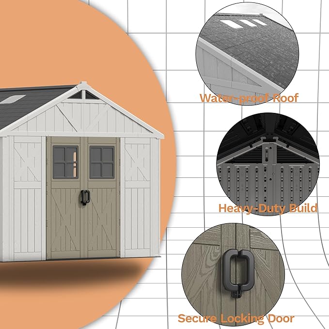 Devoko 10x12 FT Resin Outdoor Storage Shed with Floor, Plastic Tool Garden Shed with Windows & Lockable Door, Outside Large Storage Shed for Patio Backyard Lawn, Beige