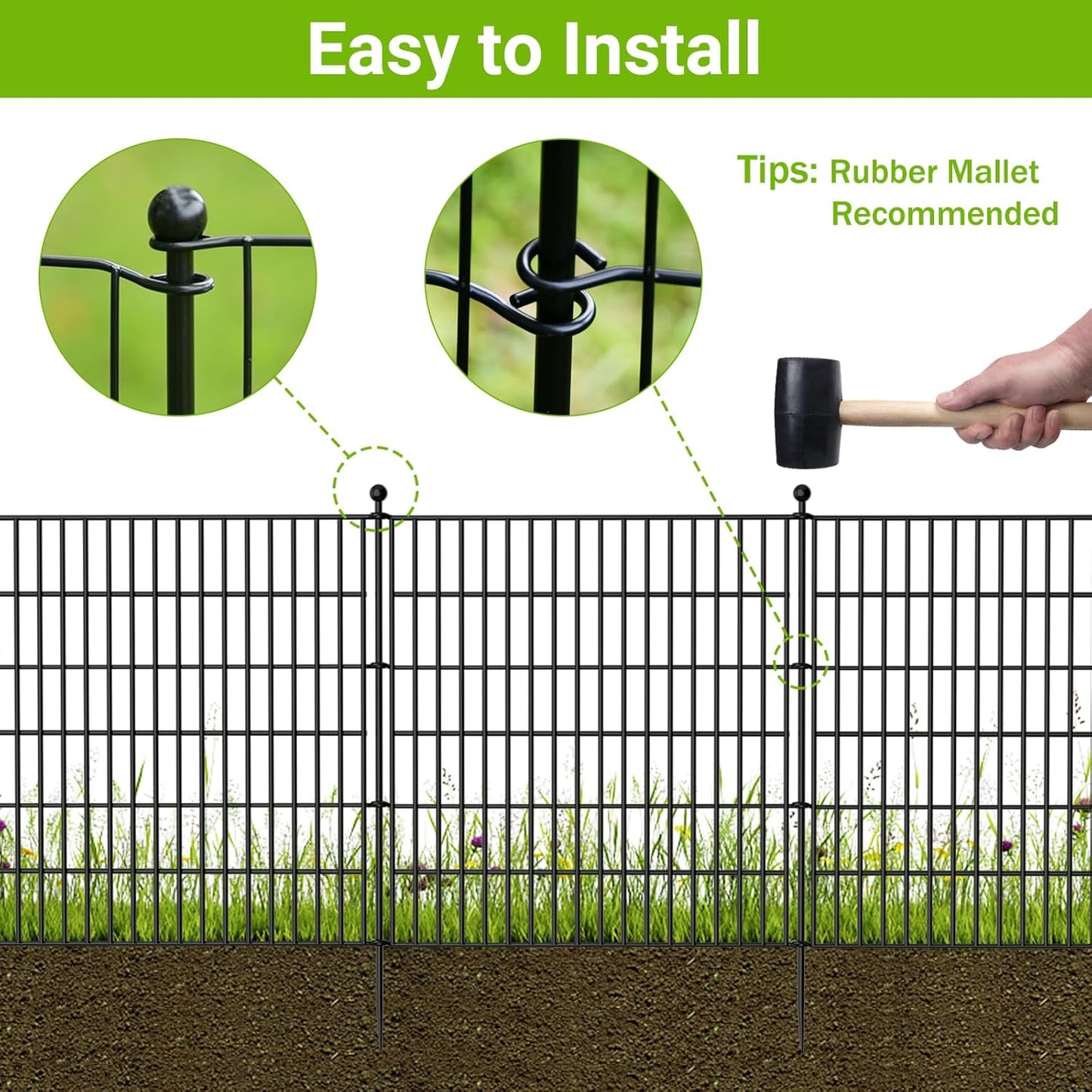 10 Panels No Dig Decorative Outdoor Garden Fence with Gate for Yard, 32 in(H) X 23.6 ft(L) Animal Barrier Fencing Rustproof Metal Wire Panel Border for Dog, Rabbits, and Patio Temporary Ground Stakes