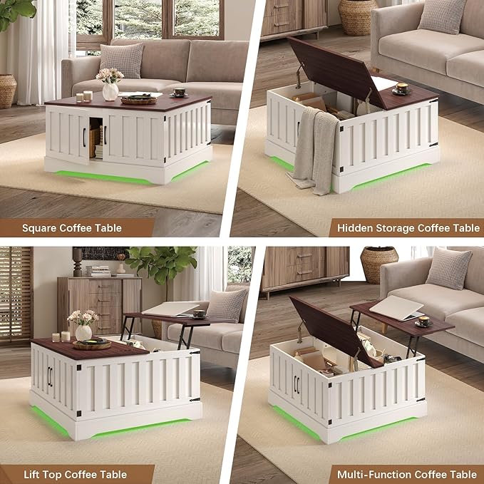 Square Lift Top Coffee Table with Storage, White Brown Led Coffee Table for Living Room with Large Hidden Storage, 30.7" Wood Table Led Center Table for Dining Reception Room