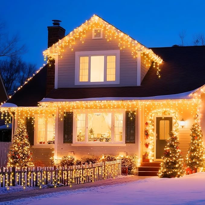 XURISEN 132ft Christmas Lights Decorations Outdoor, 1280 LED 8 Modes Fairy Lights with 240 Drops,Plug in Waterproof Timer Memory Function for Christmas Holiday Wedding Party Decorations(Warm White)