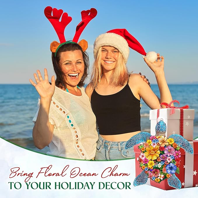 Christmas Beach Gifts for Women - 2D Flat (Not 3D) Suncatcher Christmas Ornaments 2025 - Sea Turtle Ornament Beach Decor, Turtle Ornaments for Tree, Ocean Ornament, Ocean Gifts for Mom Grandma
