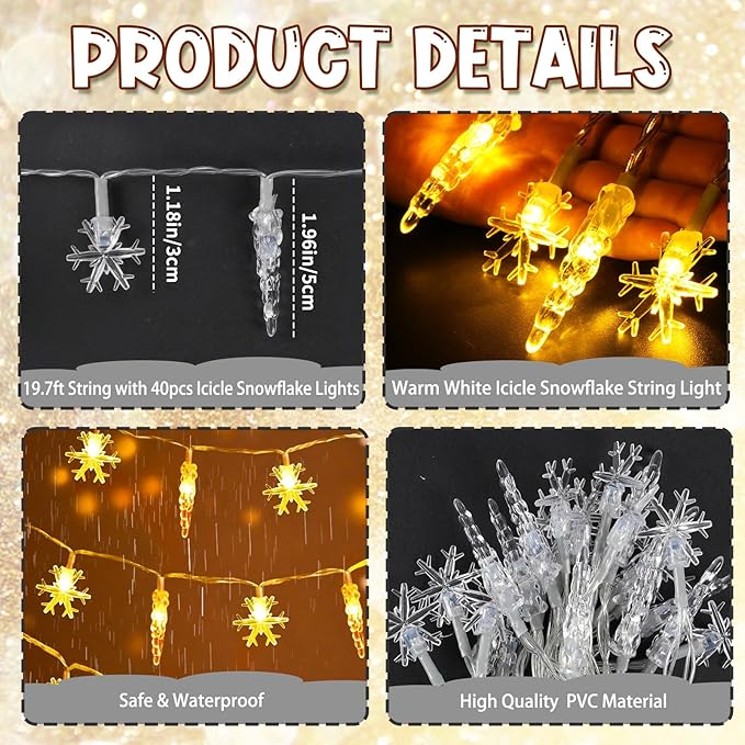 Christmas Icicle Light，19.6ft 40 LED Warm White Icicle Snowflake String Lights Indoor, Hanging Icicle Christmas Lights for Eave Holiday Garden Indoor Outdoor Xmas Decorations