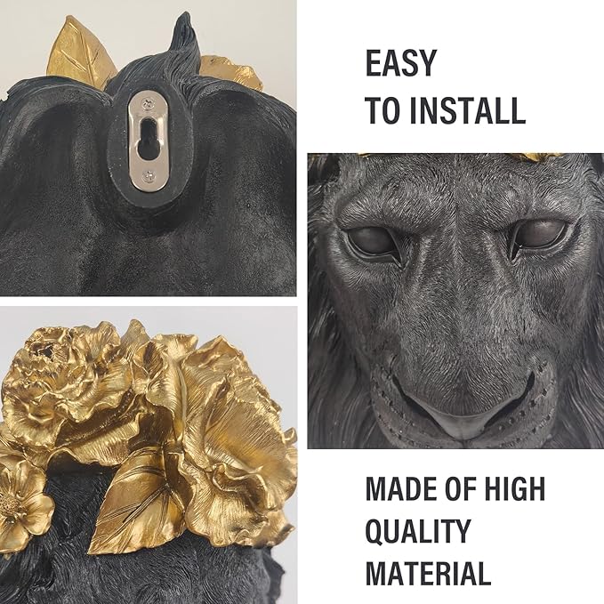 GUSFREUD Black Lion Animal Head Wall Decor – Resin Lion Wall Sculpture, Vintage Black Wall Art for Living Room, Bedroom, Office, Maximalist Home Decor
