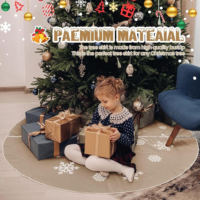 84 Inch Large Christmas Tree Skirt, Burlap Tree Skirt White Snowflake Xmas Mat for Christmas Home Farmhouse Holiday Indoor Outdoor Decoration