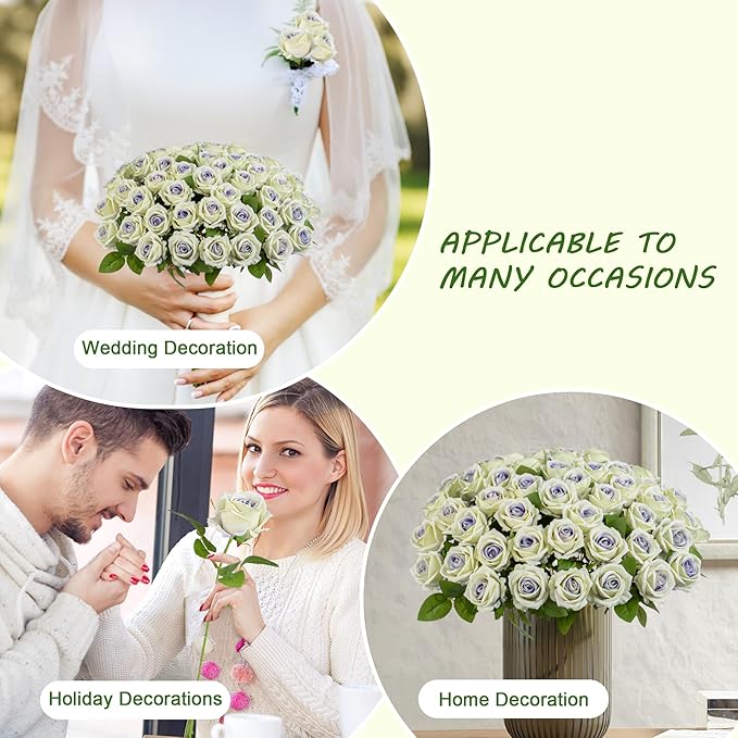 Artificial Flowers Roses Touch Fake Rose Bouquet Flower Stem for Wedding Centerpieces DIY Wreath Home Decorations Silk Roses Mothers Party Fake Outdoor Flowers Decor (Purple Heart 50PCS)