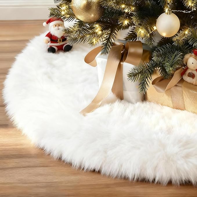 iMucci 60/48/36/30in Thick Wool Fur Tree Skirt Snowy White Plush Velvet Wool-Like Chirstmas Tree Skirt Holiday Party Decoration (60 inch/3.09LB)