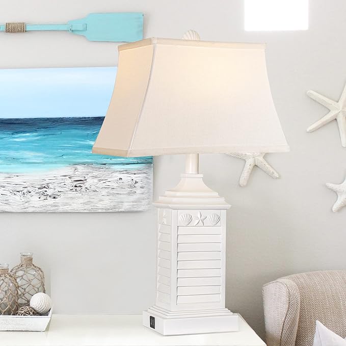 Hamucd Table Lamps for Living Room Set of 2, Coastal White Bedside Lamps for Bedroom with USB A+C Outlet Modern Resin 3-Color Temperature Nightstand Lamp for End Table (Bulbs Included)