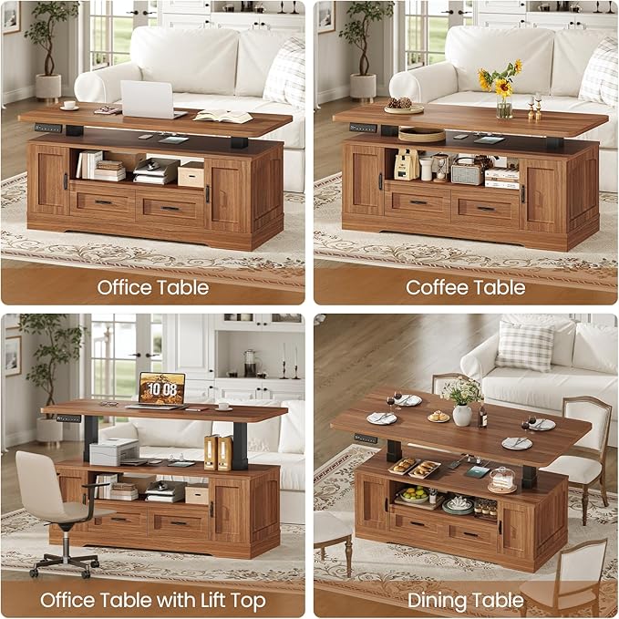 SEDETA 47.2" Electric Standing Coffee Table with Storage, Farmhouse Lift Top Coffee Table with Drawers and Open Shelves, Height Adjustable Tables with Power Outlet, for Living Room, Brown