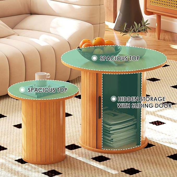 COSVALVE Nesting Coffee Table Set of 2 with Hidden Storage & Sliding Door, Circle Wood Coffee Table, Farmhouse Side & End Table Sets for Living Room, Small Spaces, Natural