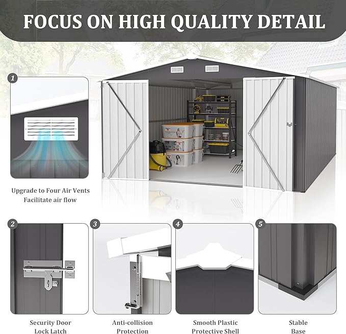 10x14 FT Outdoor Storage Shed, Large Metal Garden Shed with Side Door, Outside Tool Sheds with 3 Lockable Hinged Doors, Waterproof Storage Building with 4 Air Vents for Backyard, Patio, Dark Gray