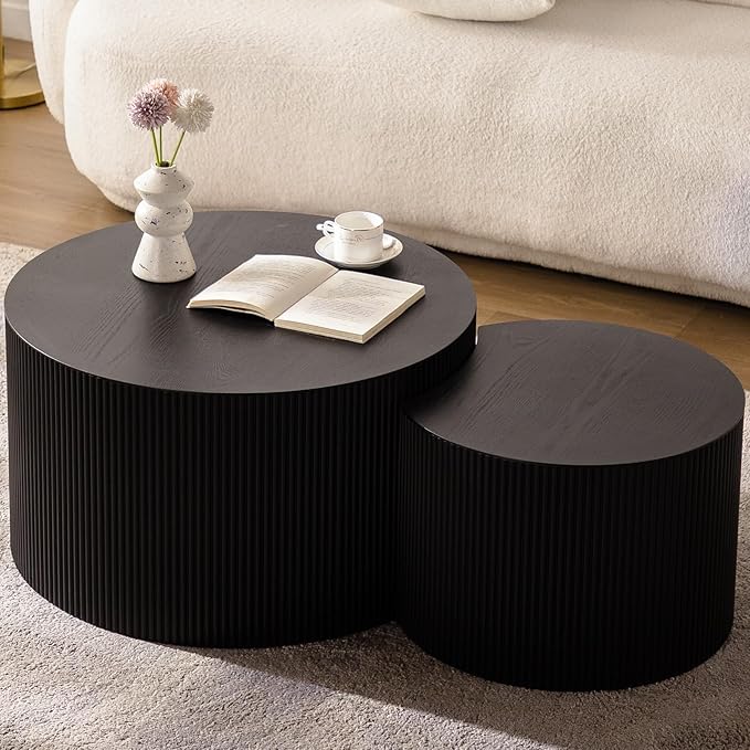 Modern Round Nesting Coffee Table Round Black Fluted Coffee Tables Set of 2 Drum Crescent Side Table Accent End Tables for Living Room, No Assembly Required,Black
