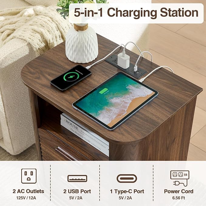 Okvnbjk 22" Fluted Night Stand with Charging Station, Modern End Table with 2 Drawers & Open Storage, Stylish Bedside Table for Living Room, Bedroom, Side Tables Curved Profile Design, Dark Walnut