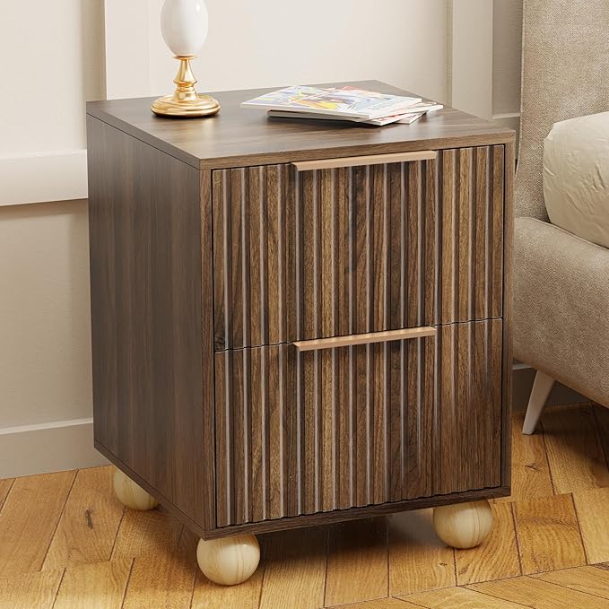Fluted Nightstand Set of 2, Walnut Finish Bedside Table with Spacious Storage Drawers, Night Stand with Solid Wood Round Legs for Bedroom, End Table, Side Table