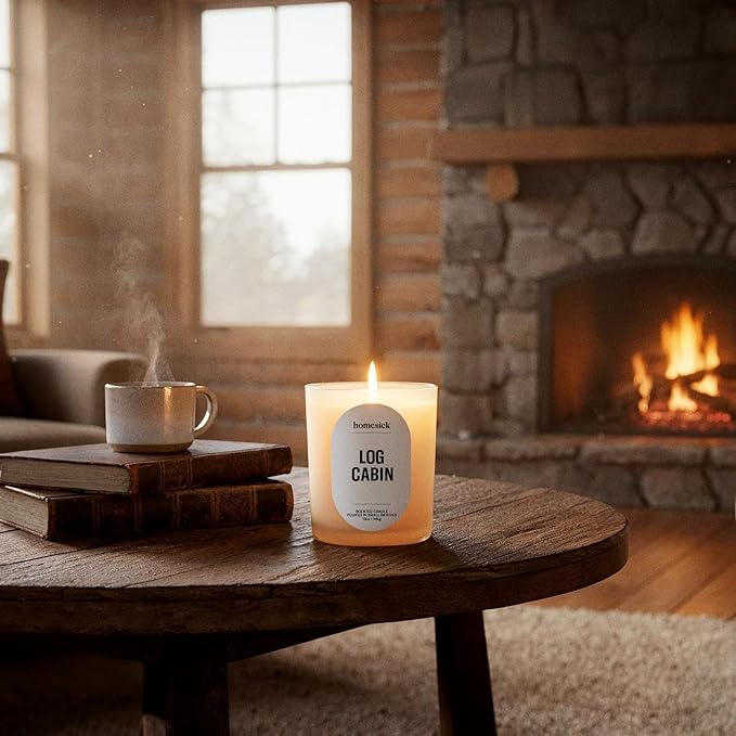 Homesick Log Cabin Scented Candle – 13.75 oz Non-Toxic, Natural Soy Wax in Cozy Amber & Smooth Tonka Bean Scent, Organic Cotton Wick, 60-Hour Burn, Engagement Gifts for Couples in Reusable Jar