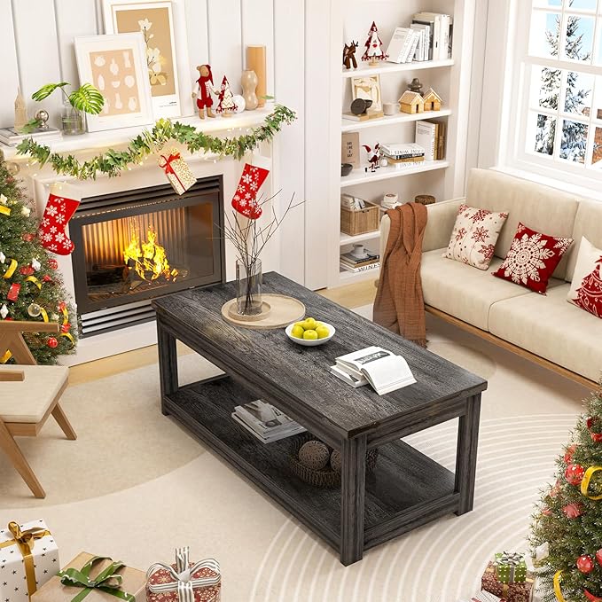 Homieasy Coffee Table with Storage Shelf, 43.3” Farmhouse Wood Coffee Tables for Living Room, Modern Center Tea Table, Grey