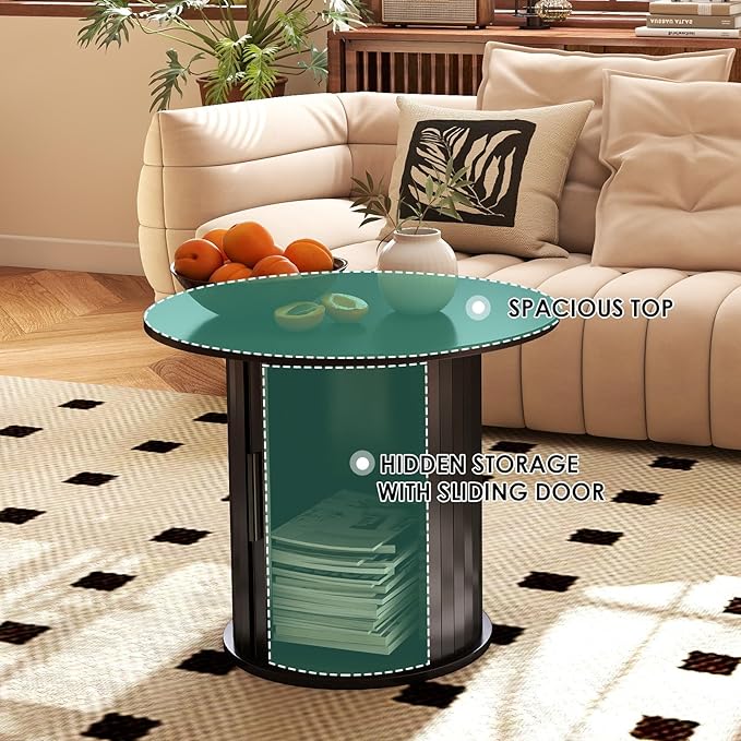 COSVALVE Round Wood Coffee Table 23.6IN with Hidden Storage & Sliding Door, Circle Farmhouse Side Table Sets for Living Room, Bedroom, Balcony, Small Spaces, Black