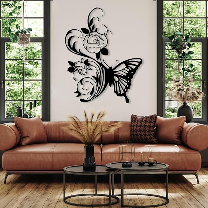 RUNBOAT Metal Flower Butterfly Wall Art - Butterfly And Flowers Wall Decor, Floral Wall Sculpture for Living Room, Bedroom (Black, 39x32in|100x81cm)